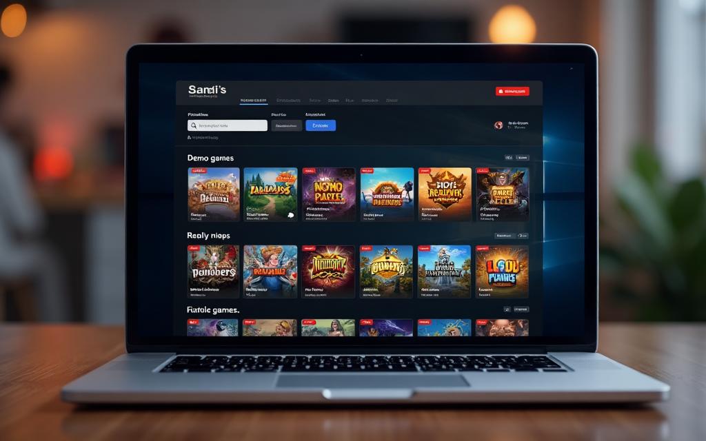 Modern demo games catalogue on screen — game list, browser, no registration
