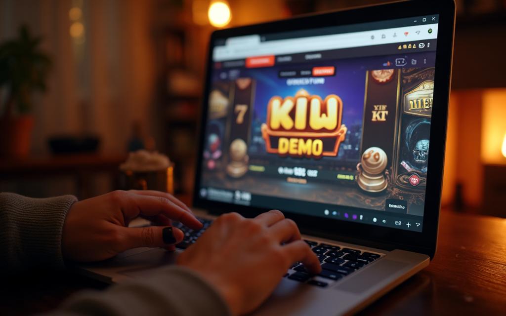 Close-up of hands on keyboard and screen with demo game in browser