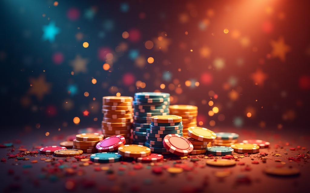 Abstract game symbols, coins and confetti, casino style, no real money